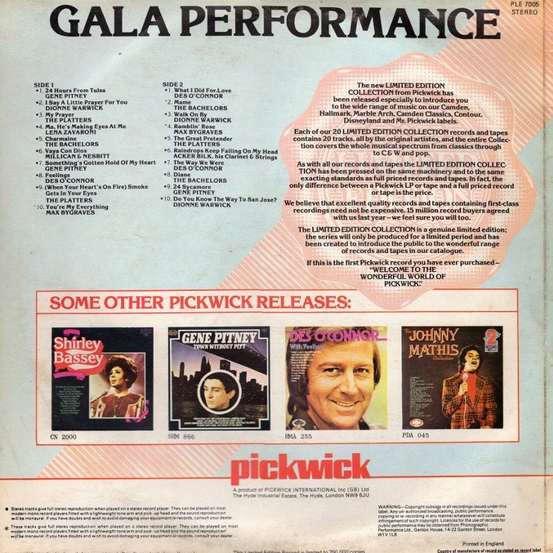 Back Cover for the album Gala Performance (1978)