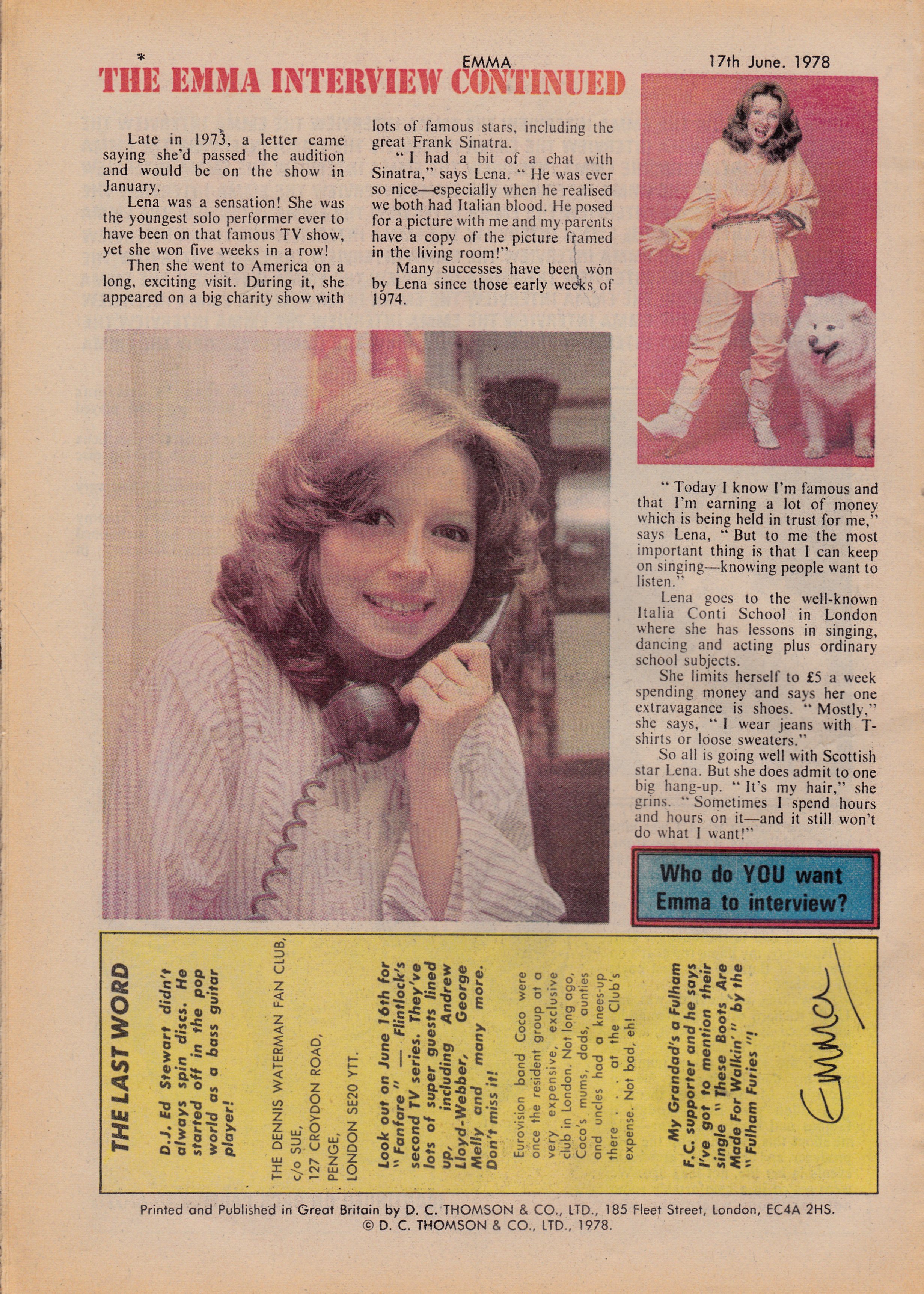 End Of Lena Zavaroni's Article for The Comic Emma Dated 17June 1978