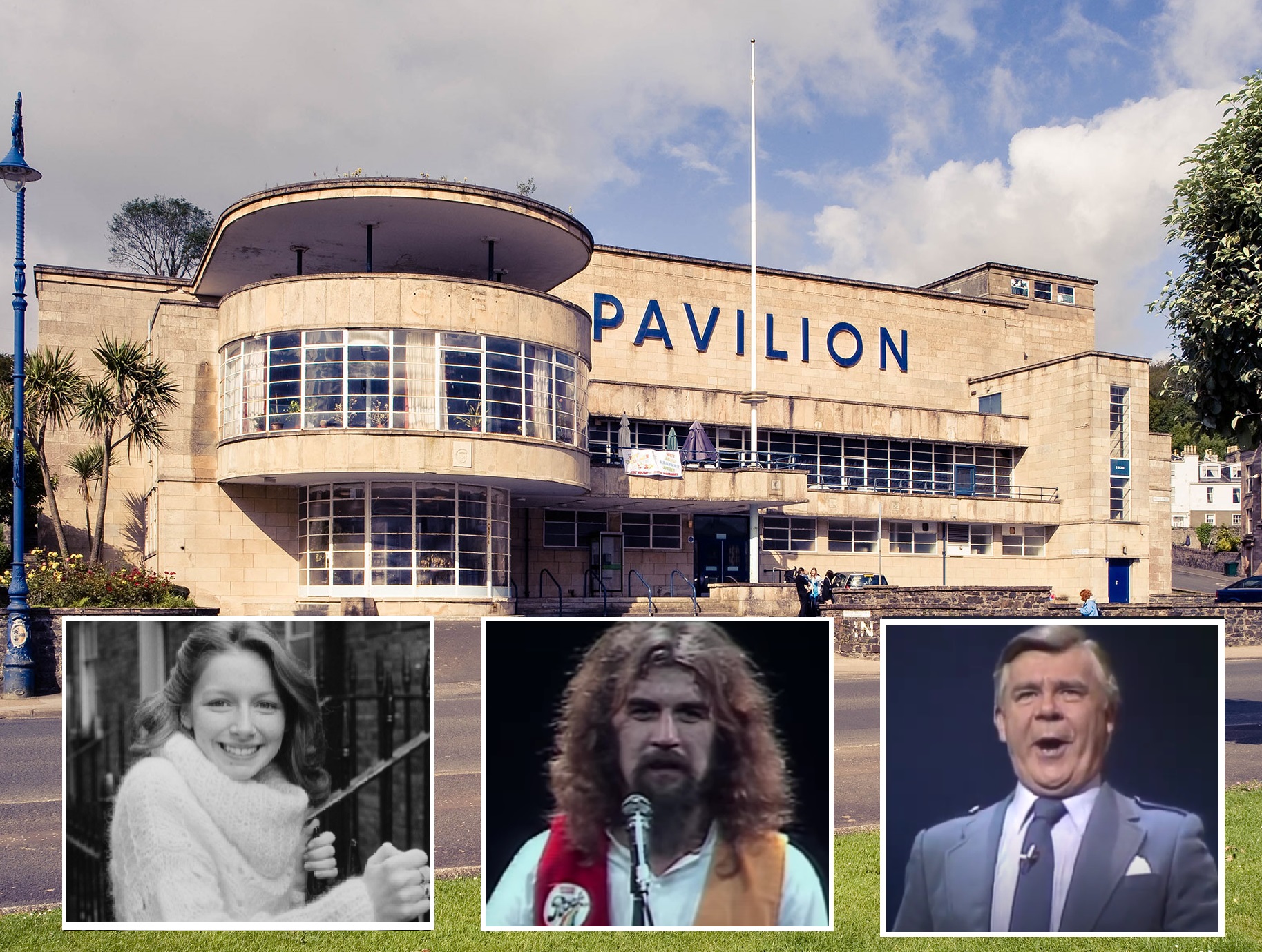 Photo of the Rothesay Pavilion overlayed with images of Lena Zavaroni, Billy Connolly and Andy Stewart.