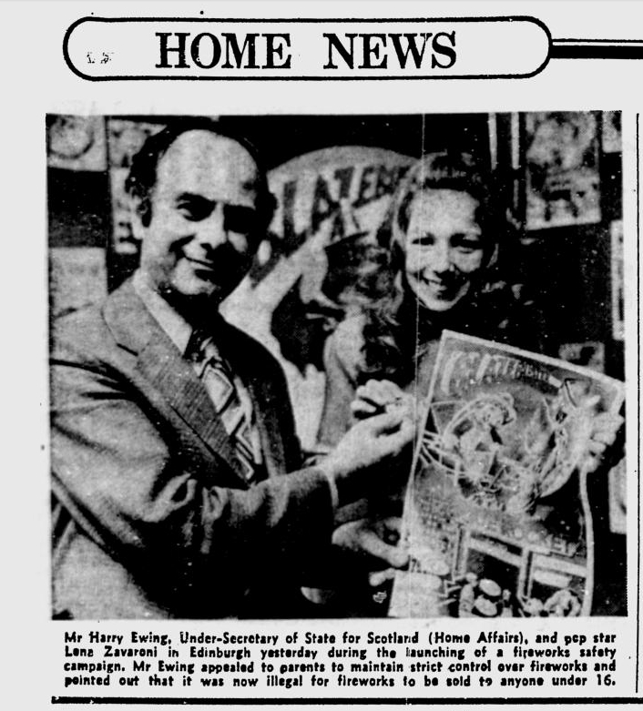 Scan of the The Glasgow Herald that reported on Lena Zavaroni appearance in Edinburgh with the Under-Secretary of State for Scotland, Harry Ewing, to help launch a firework safety campaign.