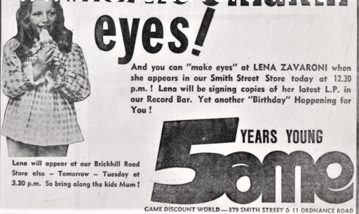 Advert for Lena Zavaroni's two appearances at the Game Discount World, Durban, South Africa